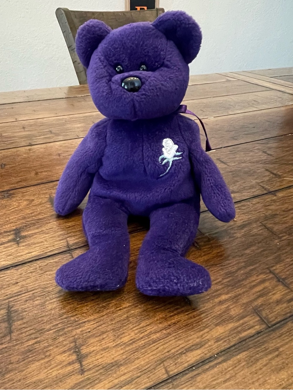 Ty Purple Plush Teddy Bear with White Rose and Ribbon
